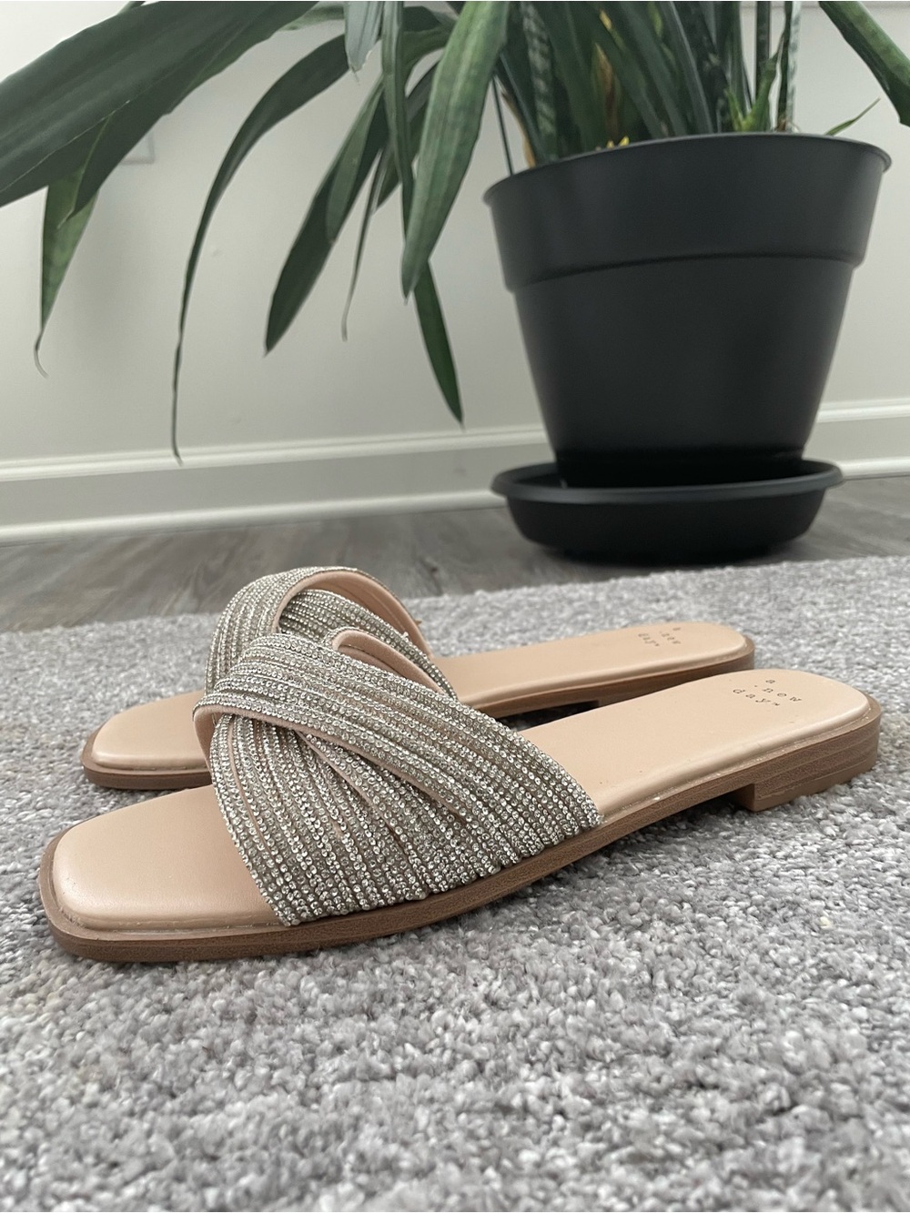 Embellished Knotted Slide Sandals in Beige